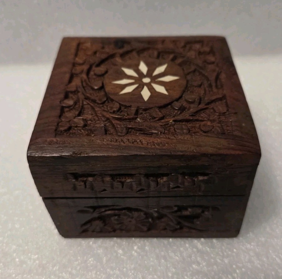 Vintage Carved Wooden Square Jewelry Trinket Box Floral Design White Stone Inlay