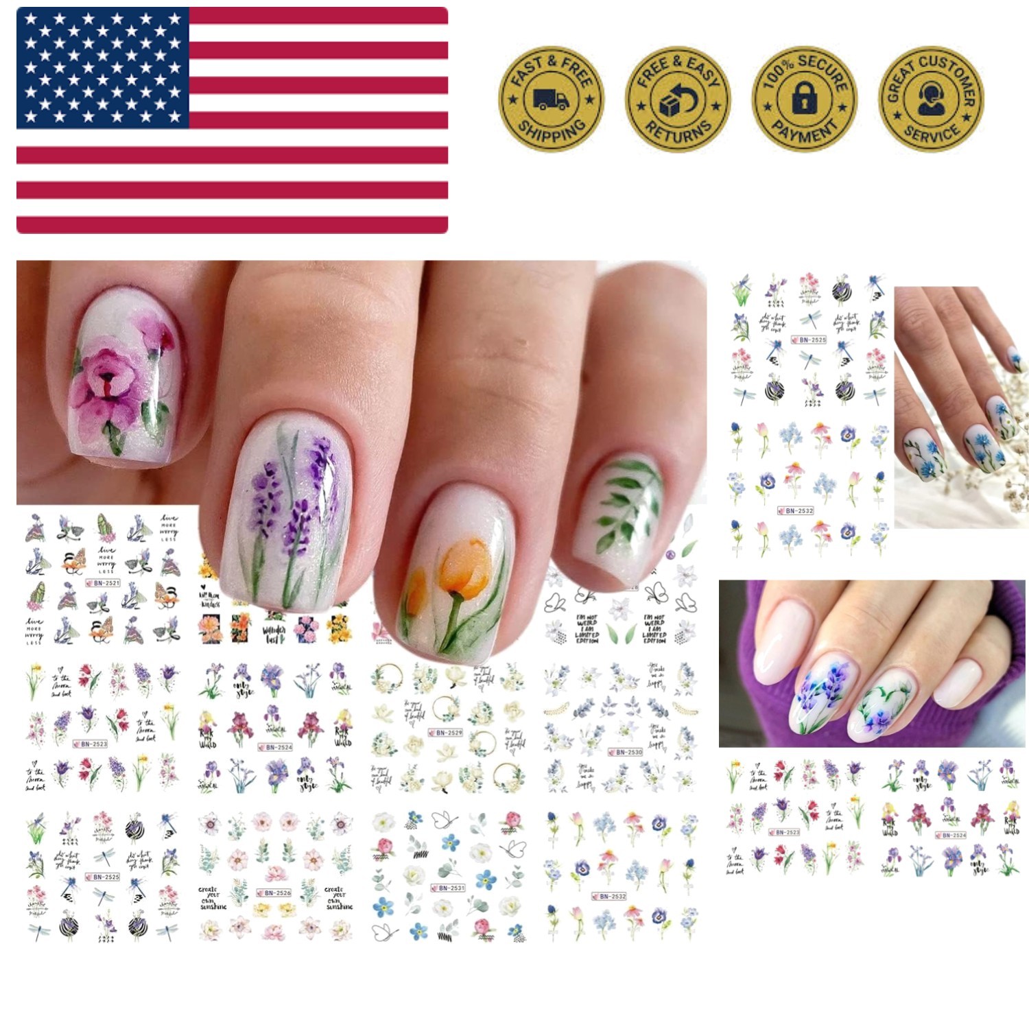 Flower Nail Art Stickers, Flower Nail Decals Water Transfer Nail Art Supplies...