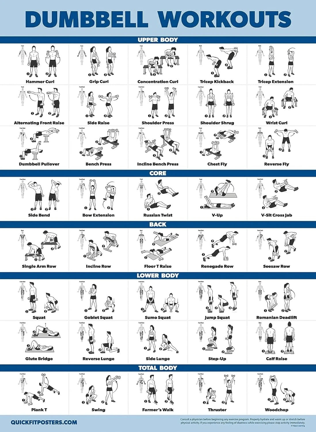 Dumbbell Workouts Poster Full Body Strength Training Chart Home Gym Fitness Art