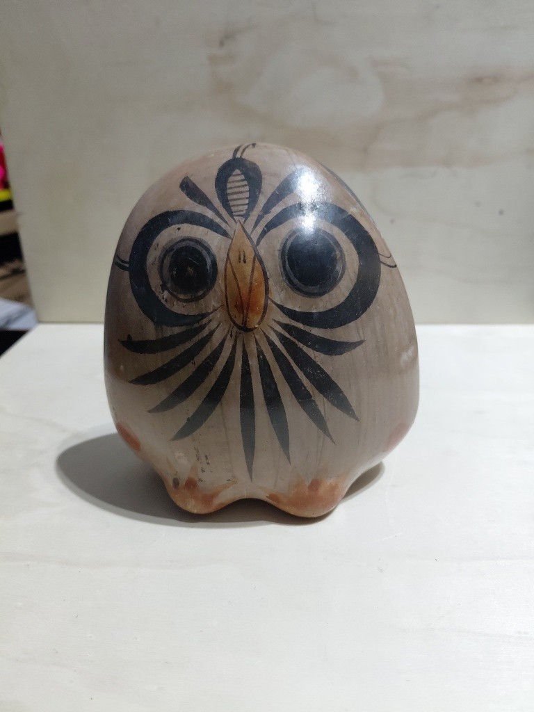 Mexican Tonala Ceramic cute Owl Sculpture 1970s Folk art Mexico pottery Vintage