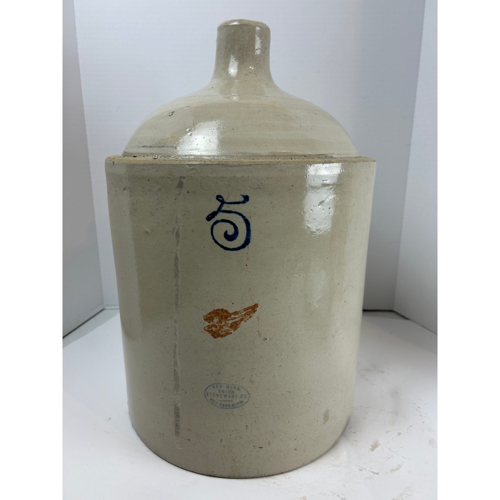 Antique Red Wing 5-Gallon Salt Glaze Jug with Wing and Cobalt “5” Mark