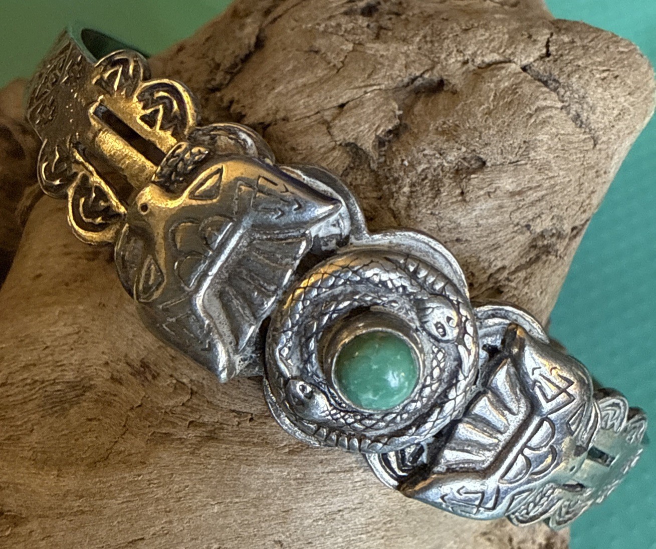 Vintage Fred Harvey Era Navajo Silver Turquoise Thunderbird Snake Cuff Bracelet