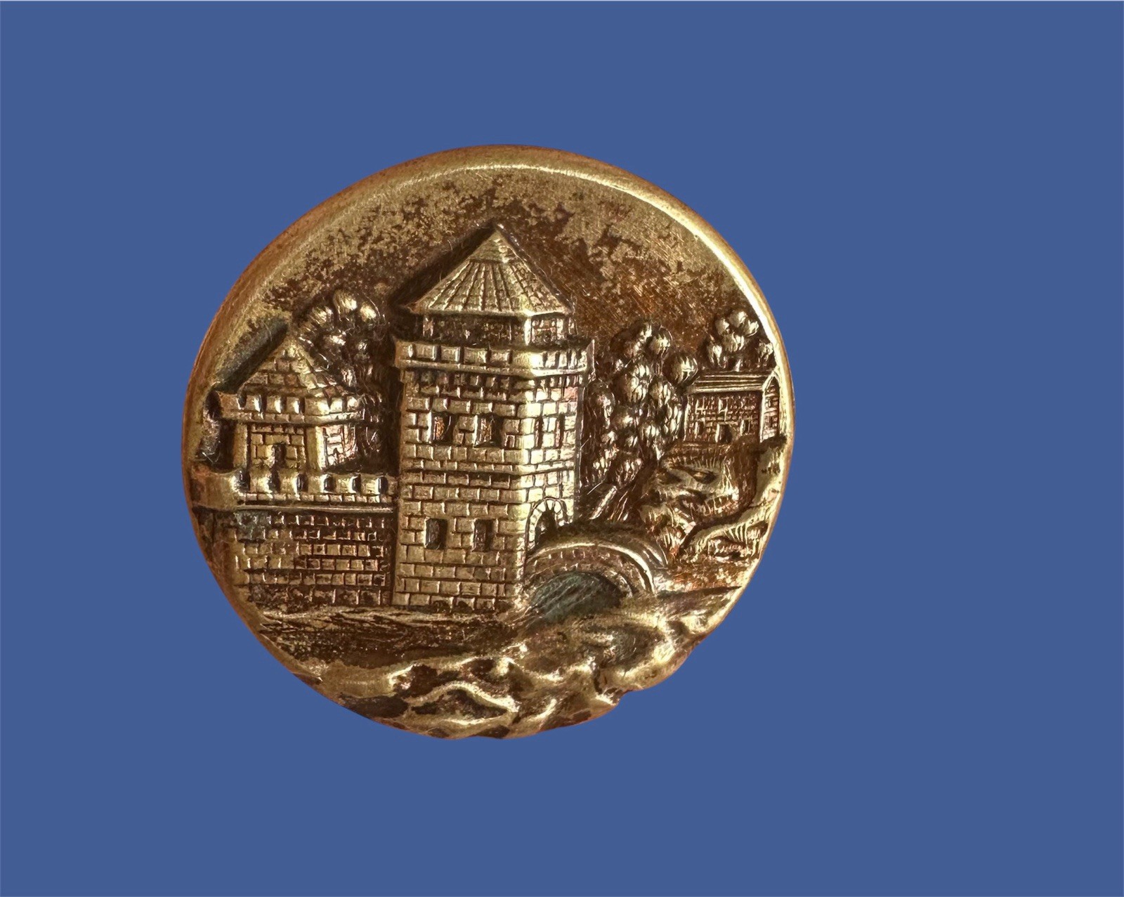 Antique Metal Picture Button Raised Castle Landscape Scene 1”