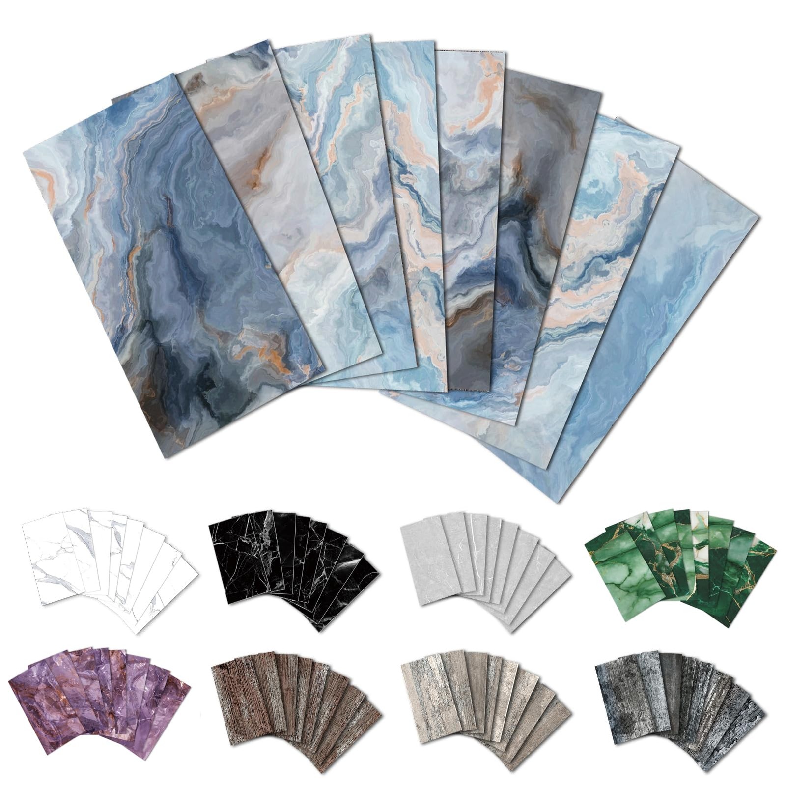 URCOLOR 64-Pc Peel & Stick 4x8 PVC Glossy Blue Marble Backsplash Wall Tile