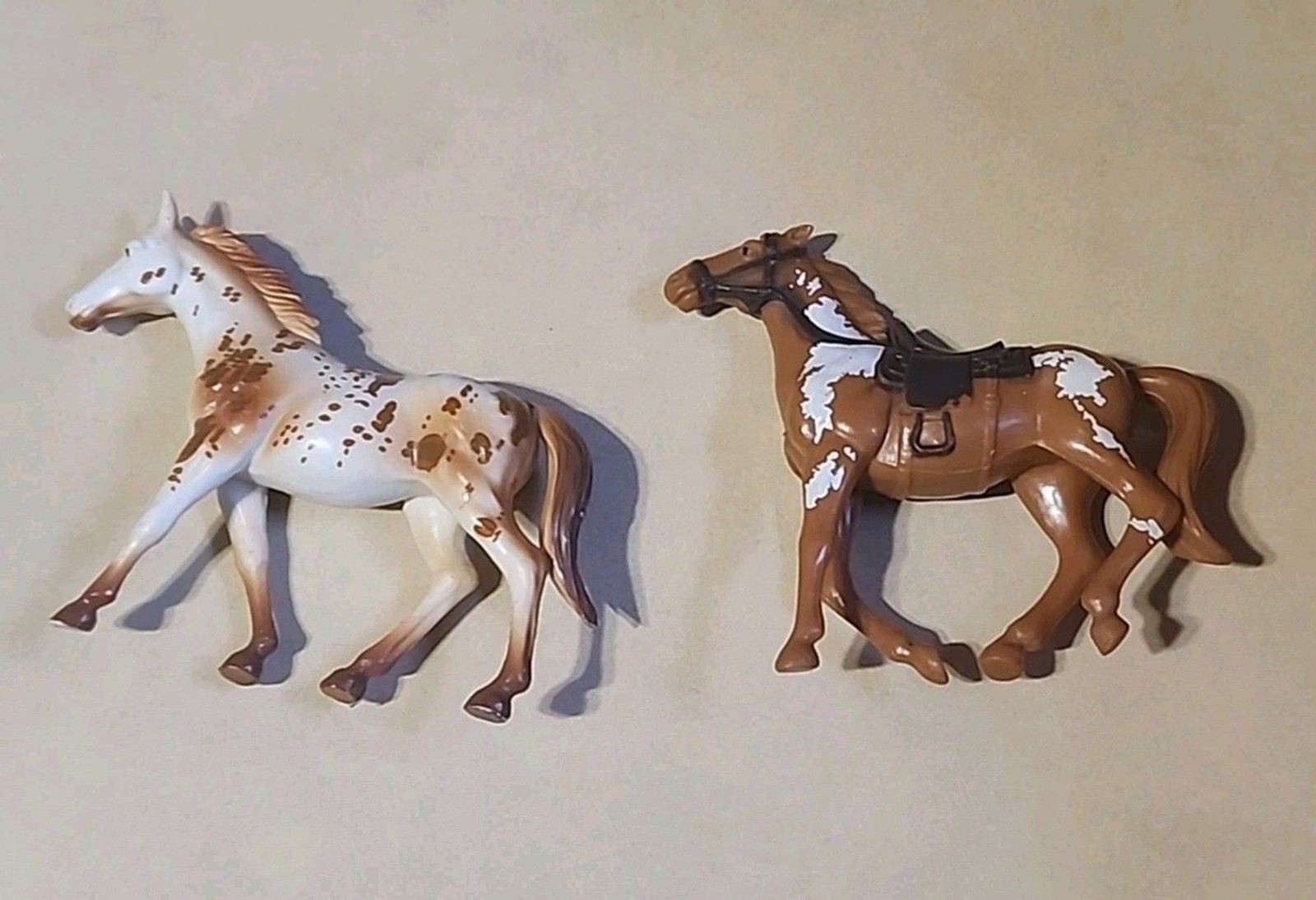 New-Ray Miniature Horse Figures 2” Appaloosa & Brown Pinto w/ Saddle Lot of 2