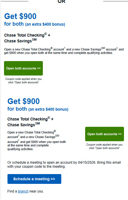 Chase Checking and Savings Account $900 Bonus Coupon Exp 4/15/26 QUICK EDELIVERY