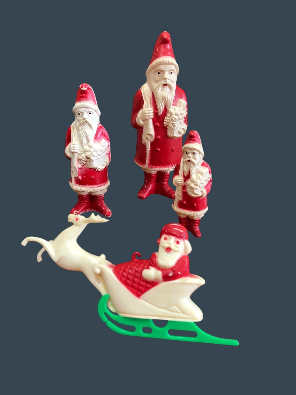 Vintage Santa Claus Celluloid Plastic Figurines Sleigh Red Christmas Decor Colle