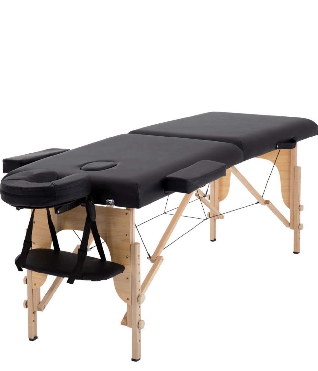 Portable Foldable Black Massage Table Wood Frame Faux Leather Cushion