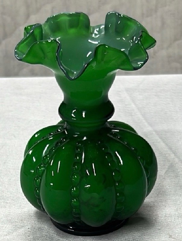 vintage Fenton Art Glass vase beaded melon pattern and ruffled crimped top edge