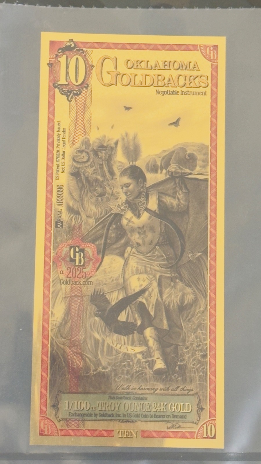 Oklahoma 10 Goldback Gold Note Alpha - 1/100oz .9999 Fine