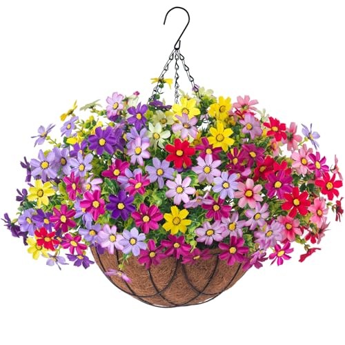 Artificial Flowers with Hanging Planter for Outdoor, Faux Silk Rose Yellow