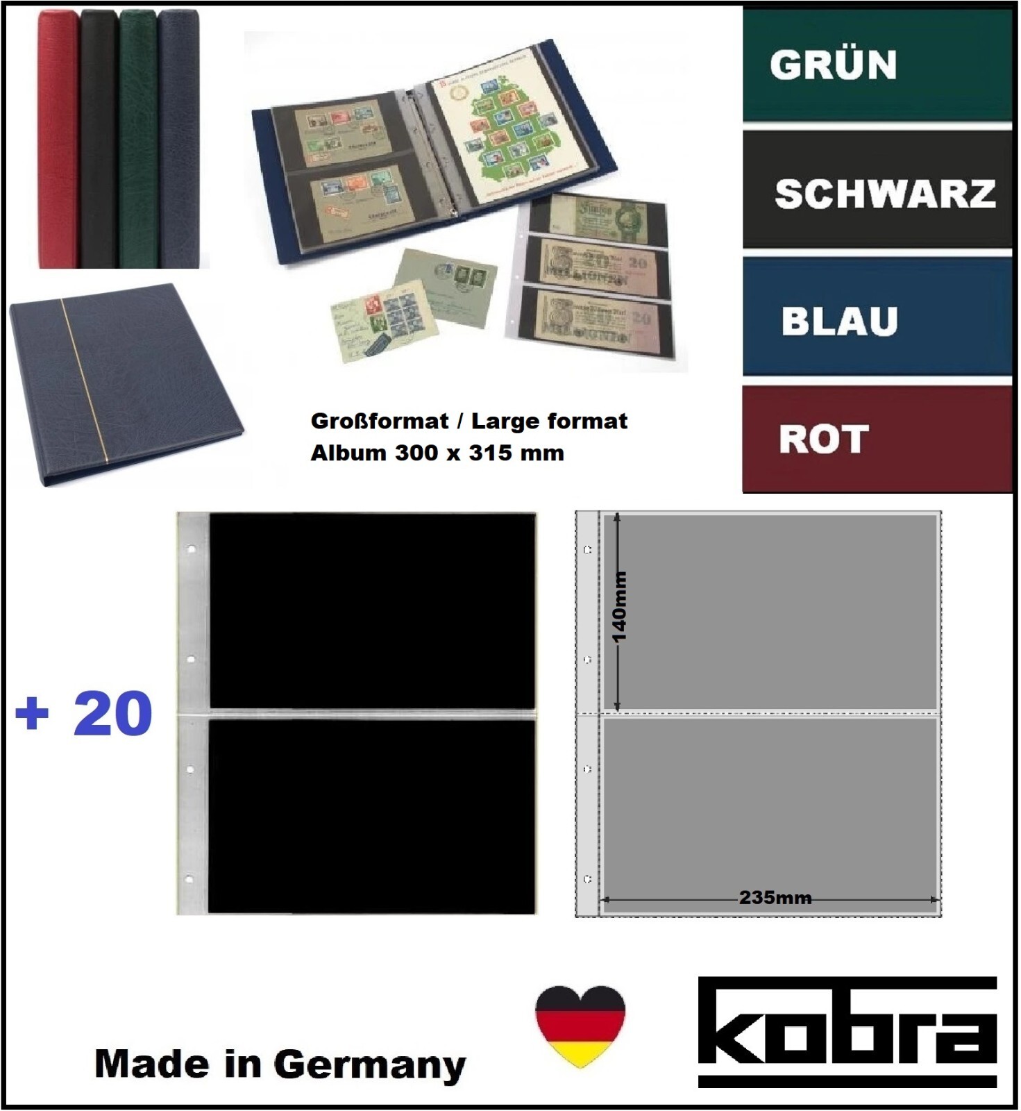 Briefe-Album-Ringbinder-Schwarz-Großformat-Kobra-G12P-S-20-Hüllen-Für-80-Briefe