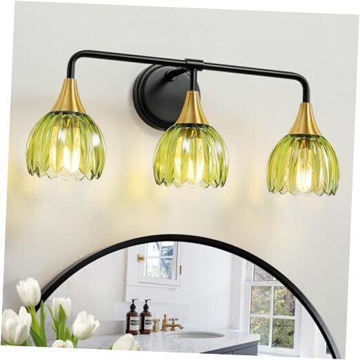 Bathroom Vanity Light Fixtures: 3 3 Light with Green Glass Black and Gold