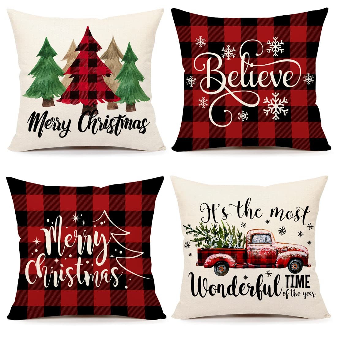 Buffalo Check Christmas Pillow Covers 18x18 Set of 4 Red Black Farmhouse Chri...