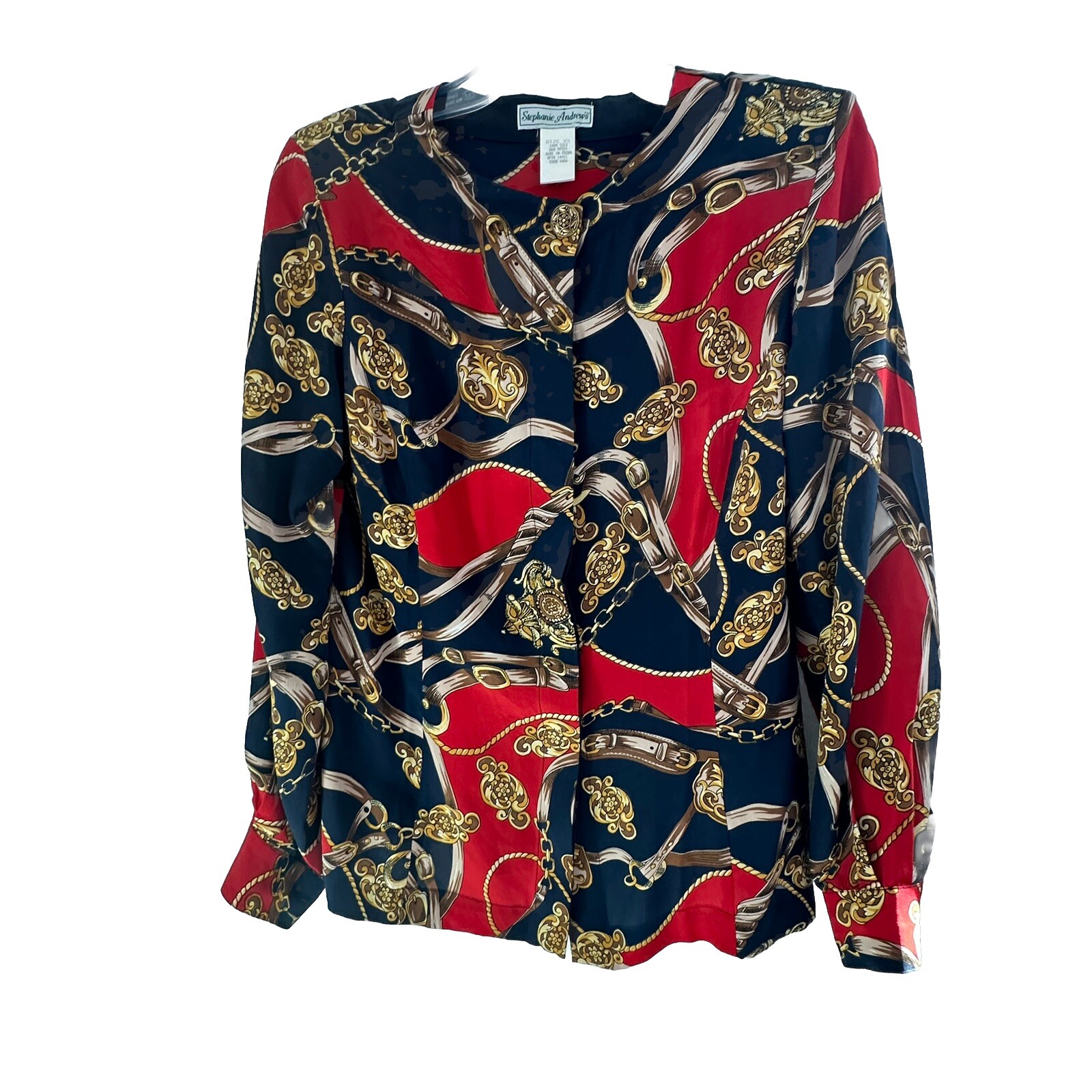 Vtg Stephanie Andrews 100% Silk Button Dwn Blouse XS Navy L/S Corpcore Old Money