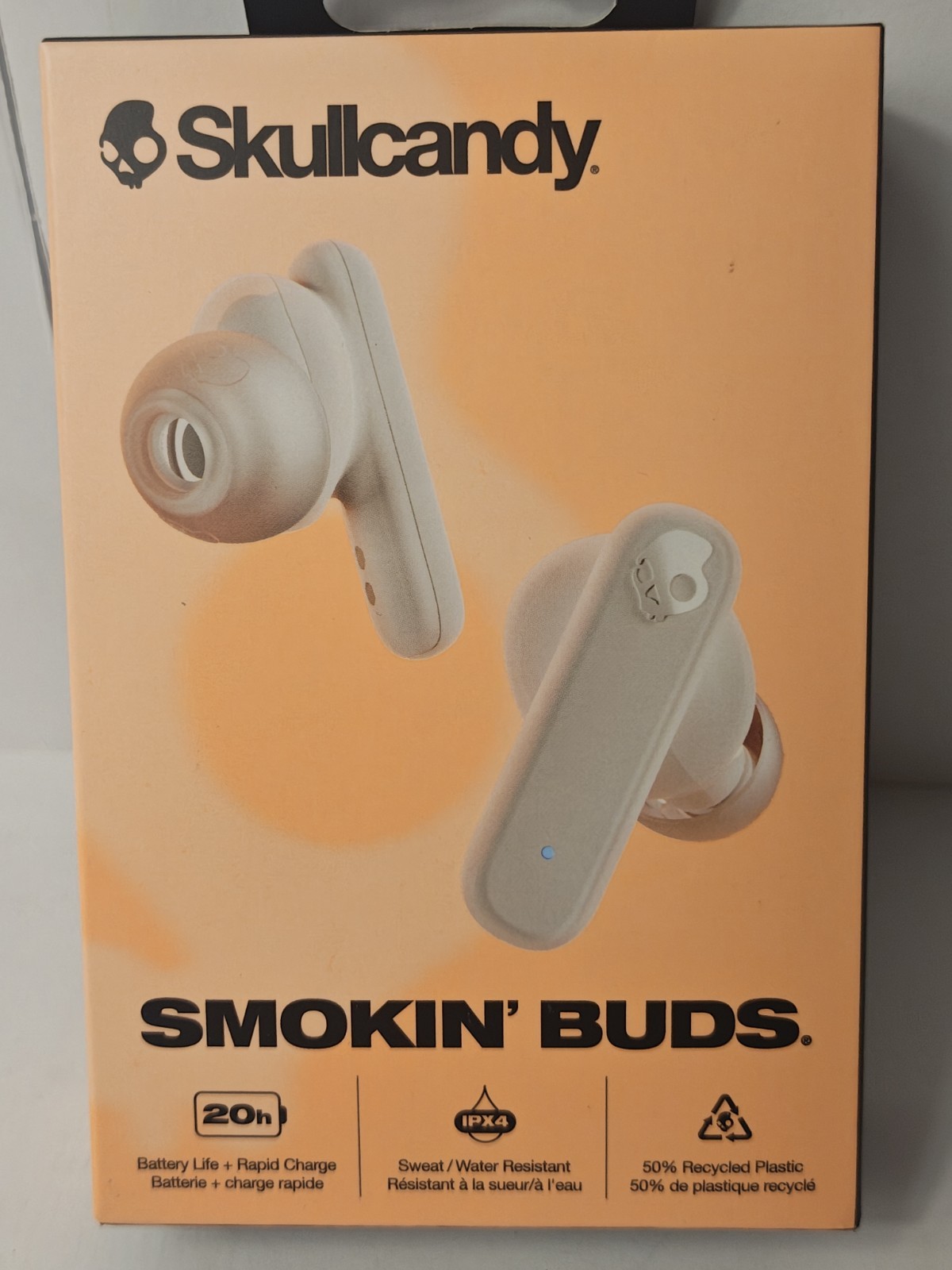 WHITE Skullcandy Smokin' Buds in-Ear Wireless Earbuds, 20 Hr Battery Bone Orange