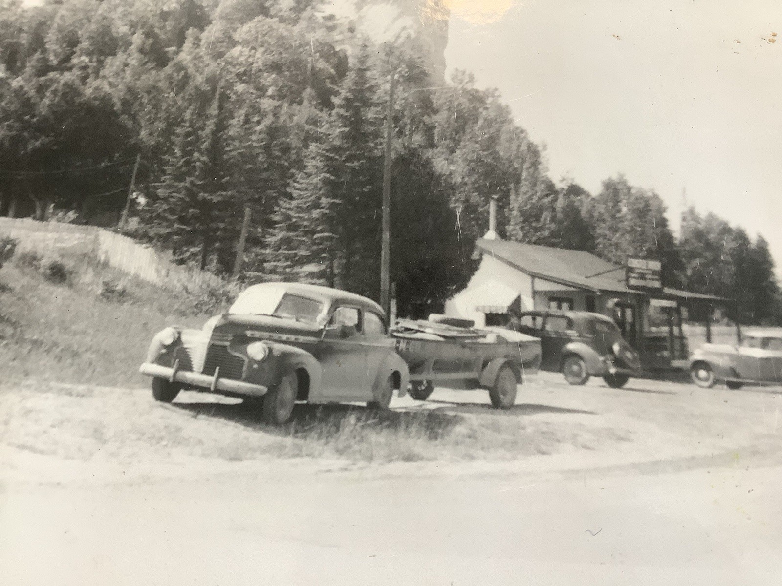 Castle Rock 1947 St. Ignace MI Souvenir Shop Stairs Bk Gnd Wood Fishing Boat