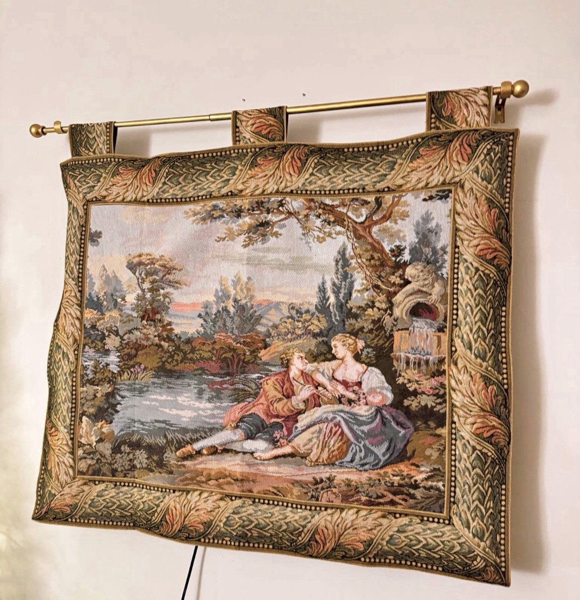 Vintage Art Framed Tapestry Romantic Couple Man Woman French Scene Romance Frame