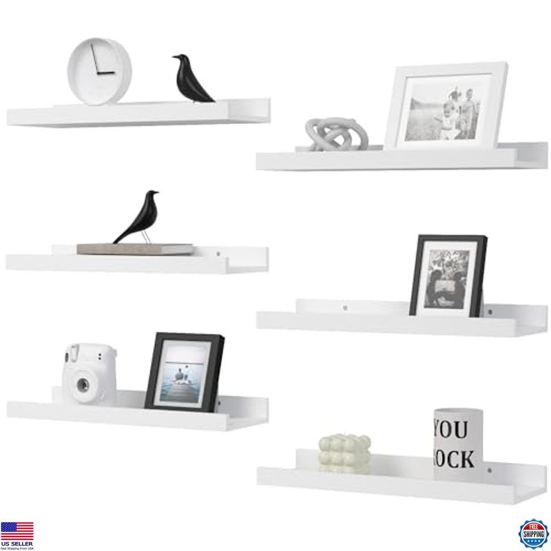 Set of 6 Floating White Wall Shelves – Modern Picture Ledge for Photos & Decor