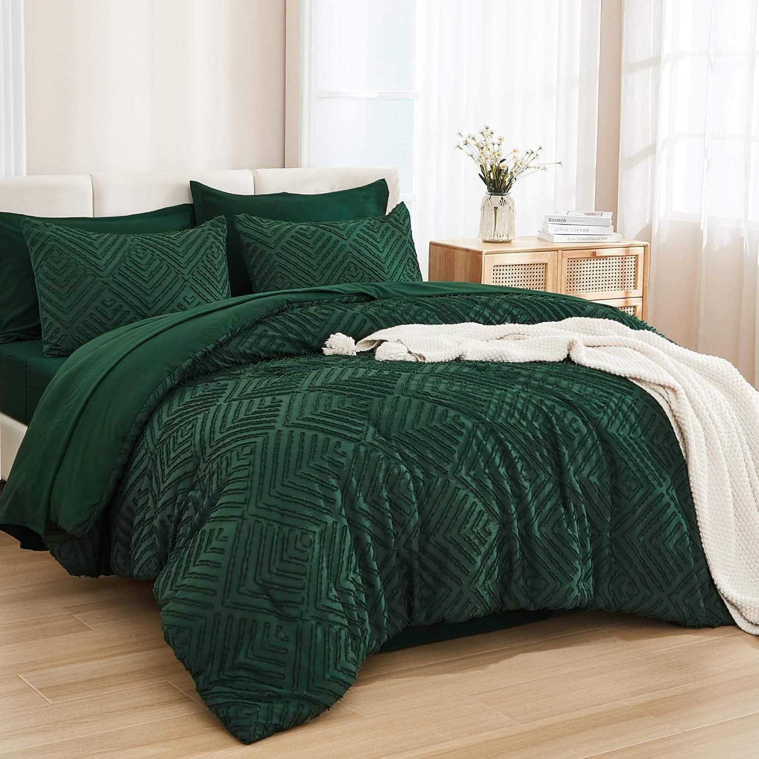 King Size Comforter Set 7 Pieces Dark Emerald Green - Bed in a Bag King Boho Lig