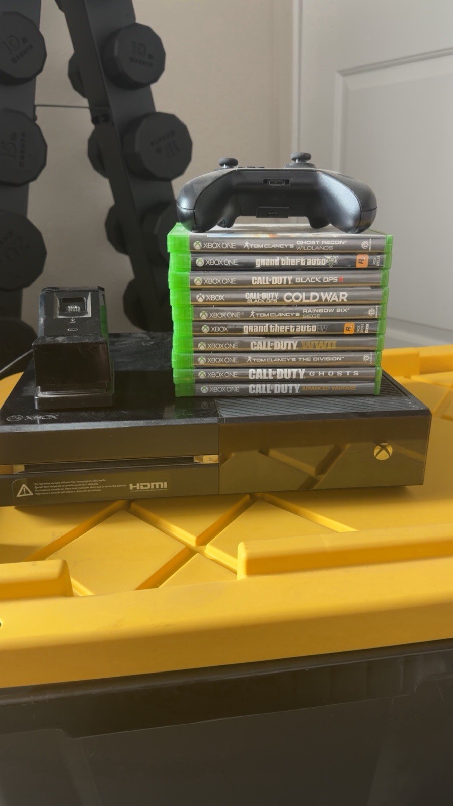 Microsoft Xbox One Console, Controller, Charging Dock, and ten various games