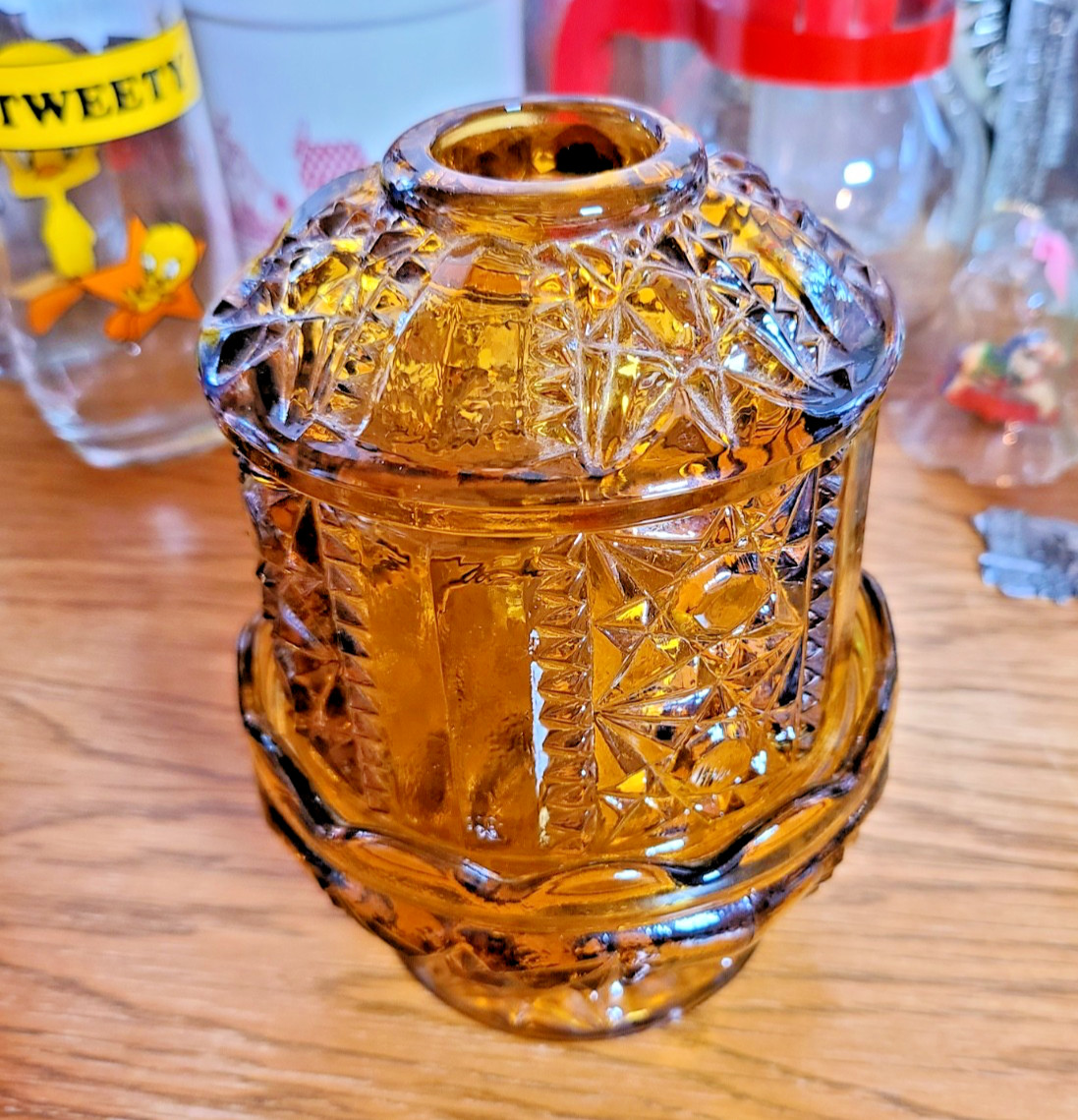 Vintage FAIRY LAMP  Indiana Glass STARS & BARS AMBER 6.5” tall  Excellent GOLDEN