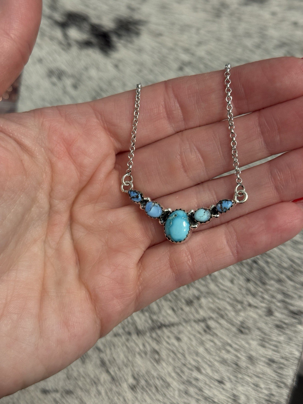 Sterling Silver Golden Hills & White Water Turquoise 5 Stone V Bar Necklace