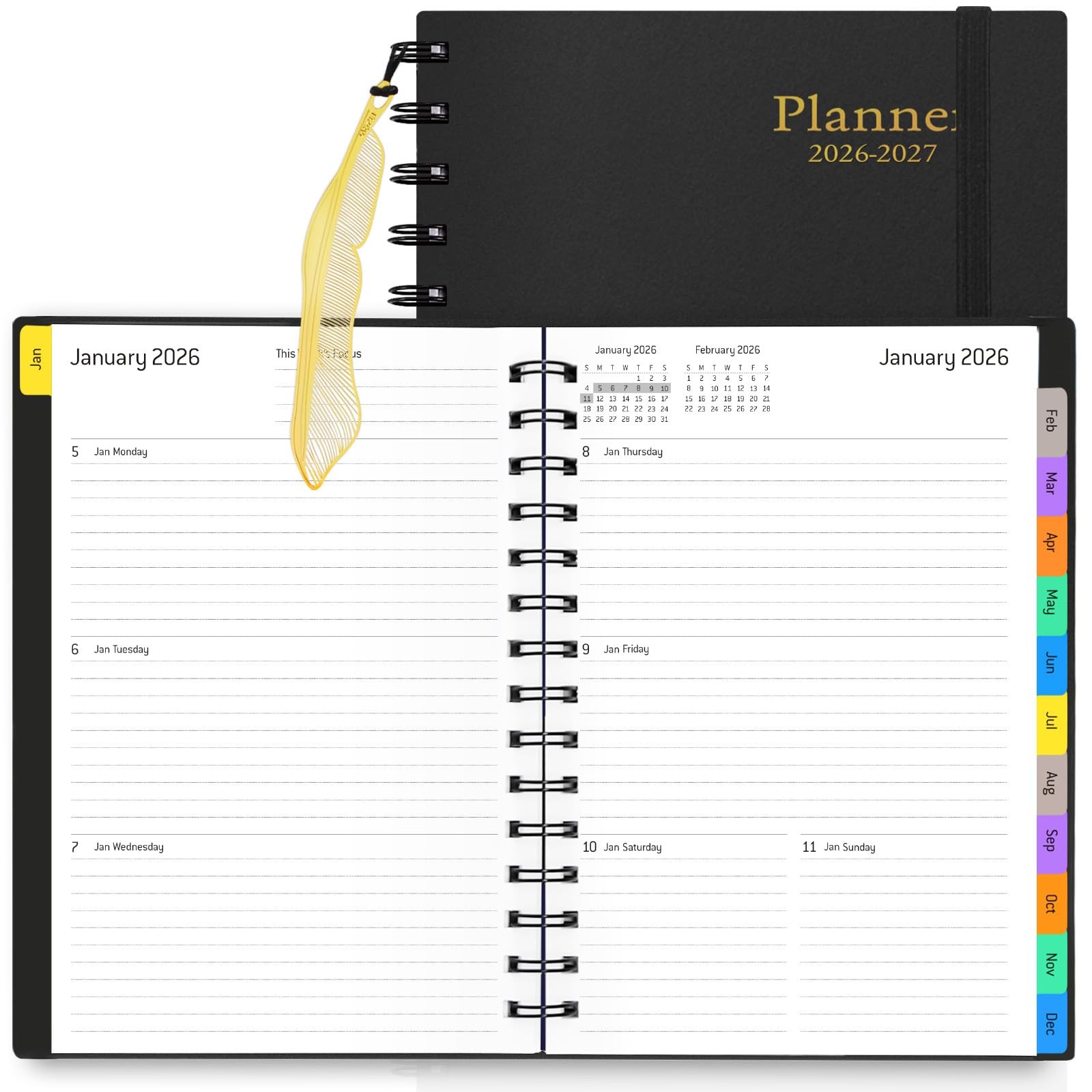 Daily Planner 2026-2027, 18-Month Weekly and Monthly 5.7 x 8.3 inches, Black 