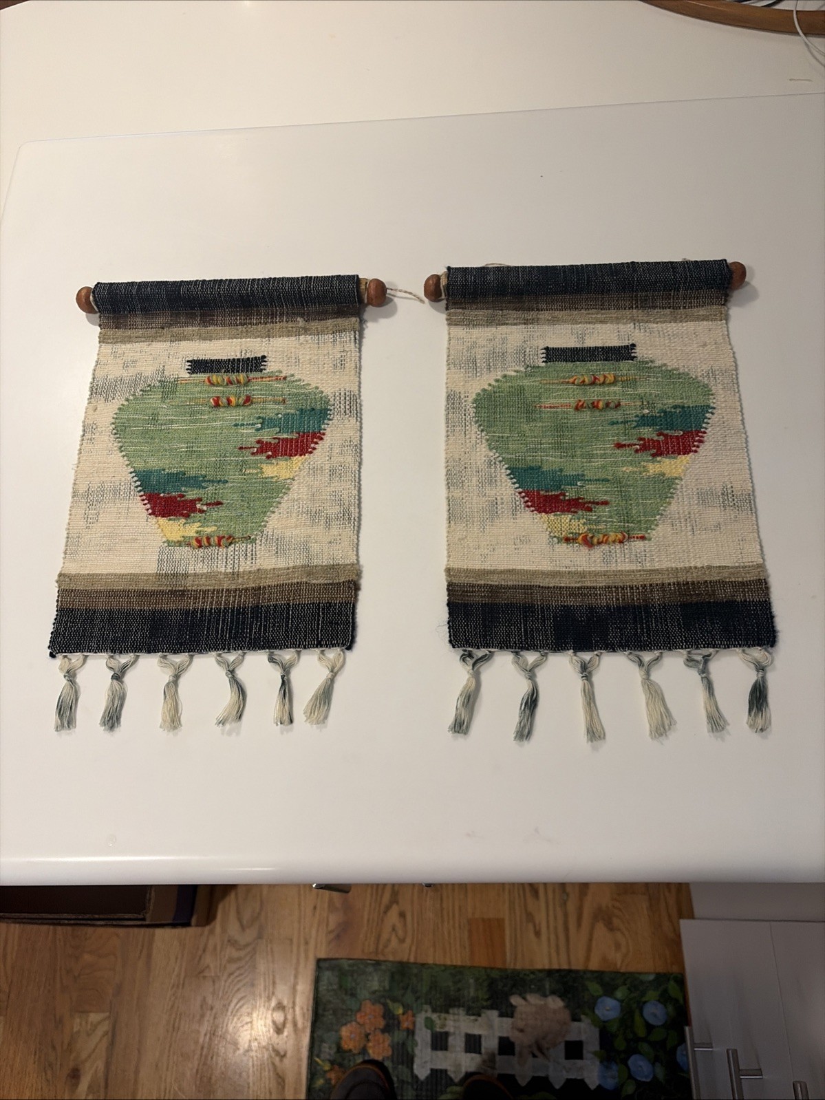 Handwoven Wall Art Original Textile by Narda Capuyan Tapestry Aztec Pots Pair