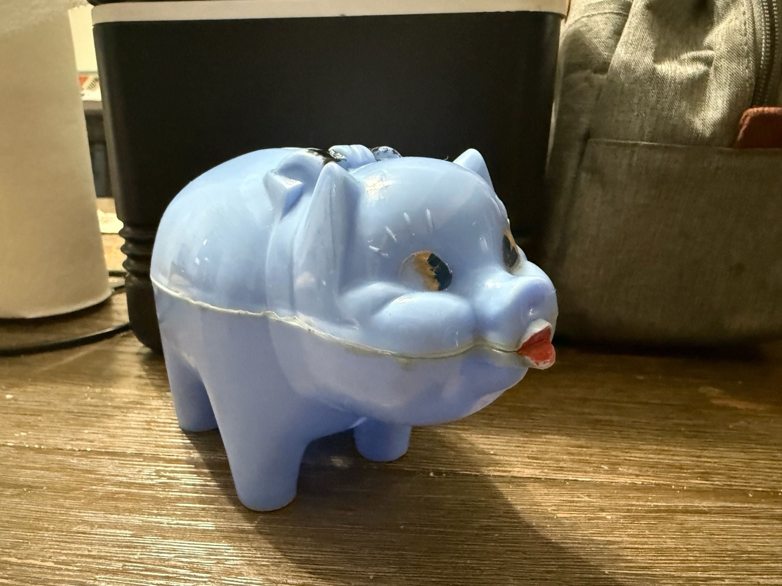Vintage 1950s Toy Town Blue Hard Plastic Piggy Bank with Bow