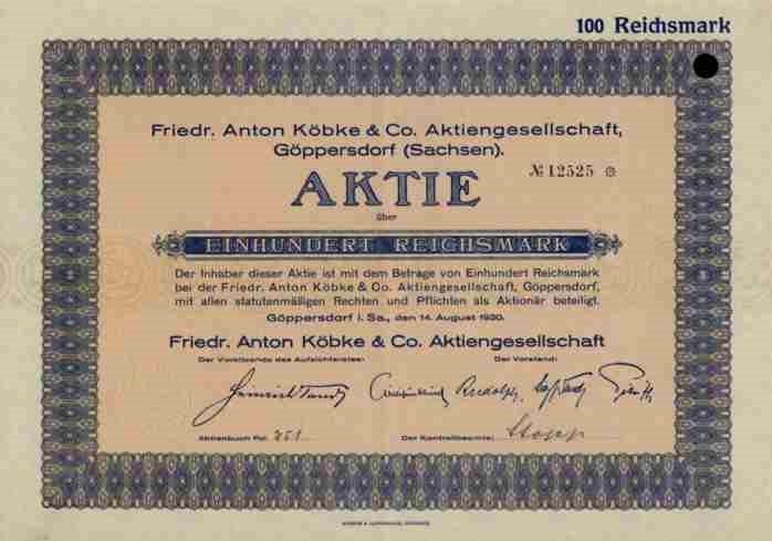 Friedr. Anton Köbke & Co. 1930 Göppersdorf Saxony Flöha Chemnitz 100 Reichsmark