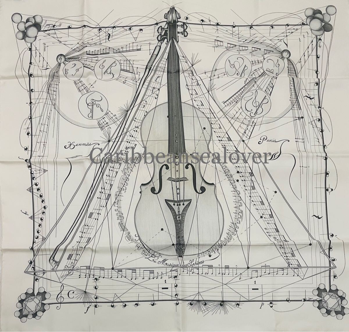 HERMES Large Scarf Carré 90 Silk Violin Motif White Made in France Women's