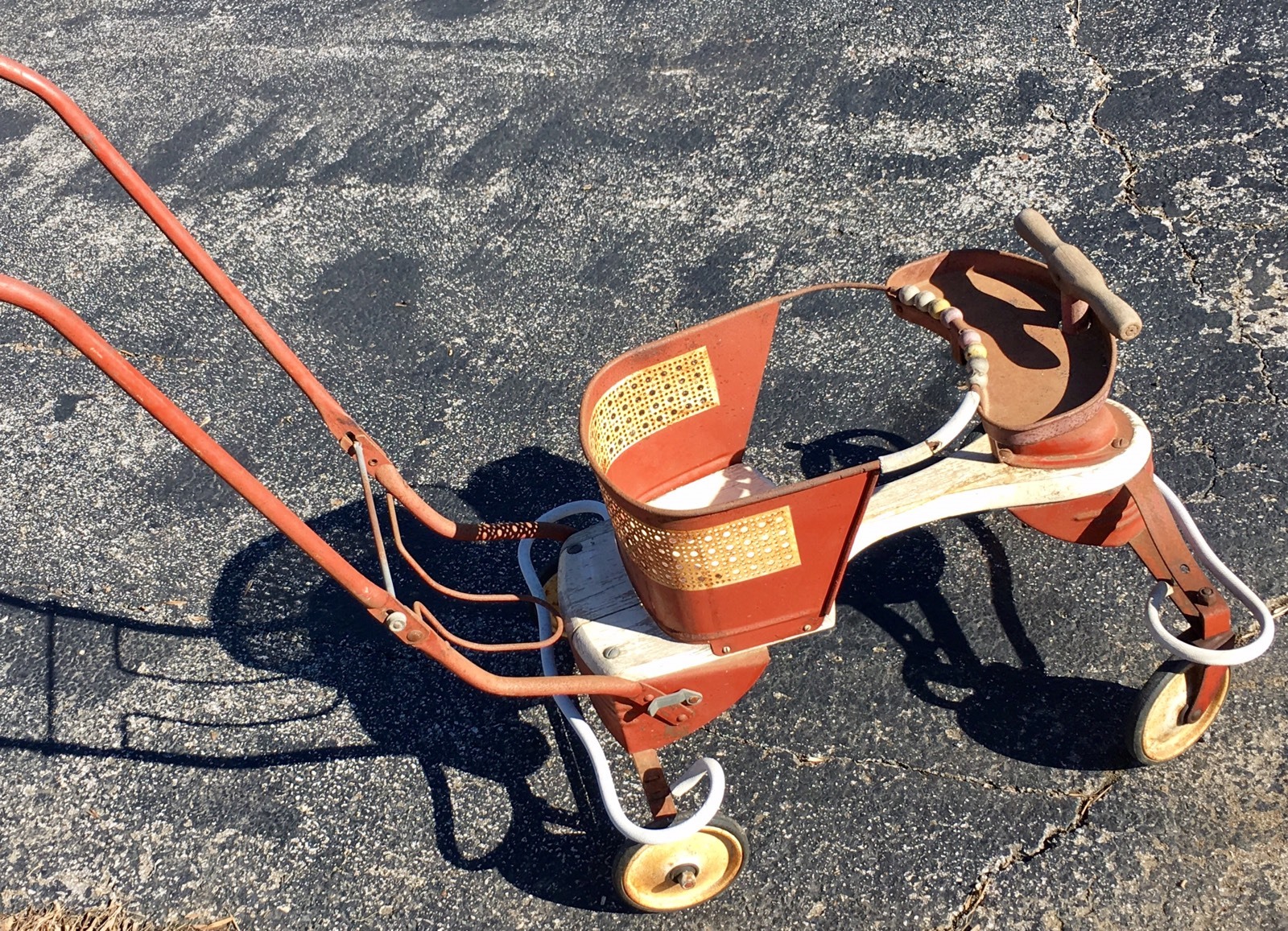 Antique White Metal Wooden Baby Stroller Walker Vintage 1950s 36" x 18" x 17"