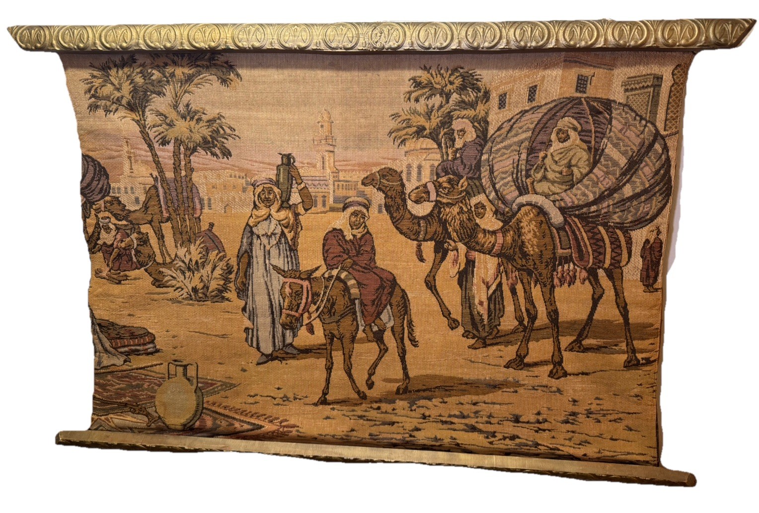 Vintage Belgium Tapestry Middle Eastern Street Scene -  Camels 35”x26” Rare Old