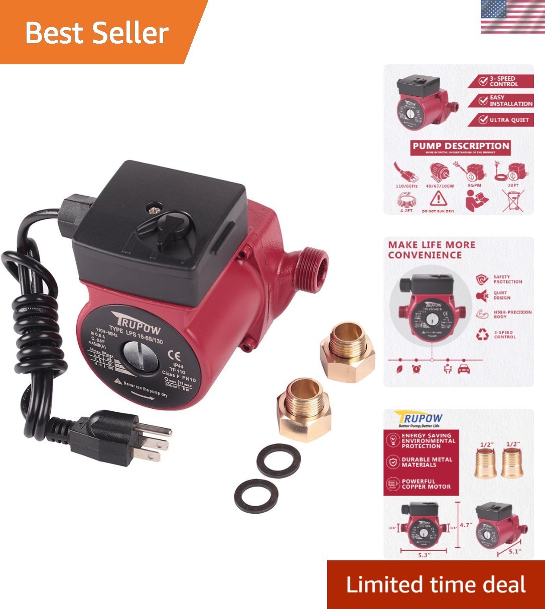 Compact 3-Speed Circulator Pump for Hot Water - Ideal for Homes & Industrial Use