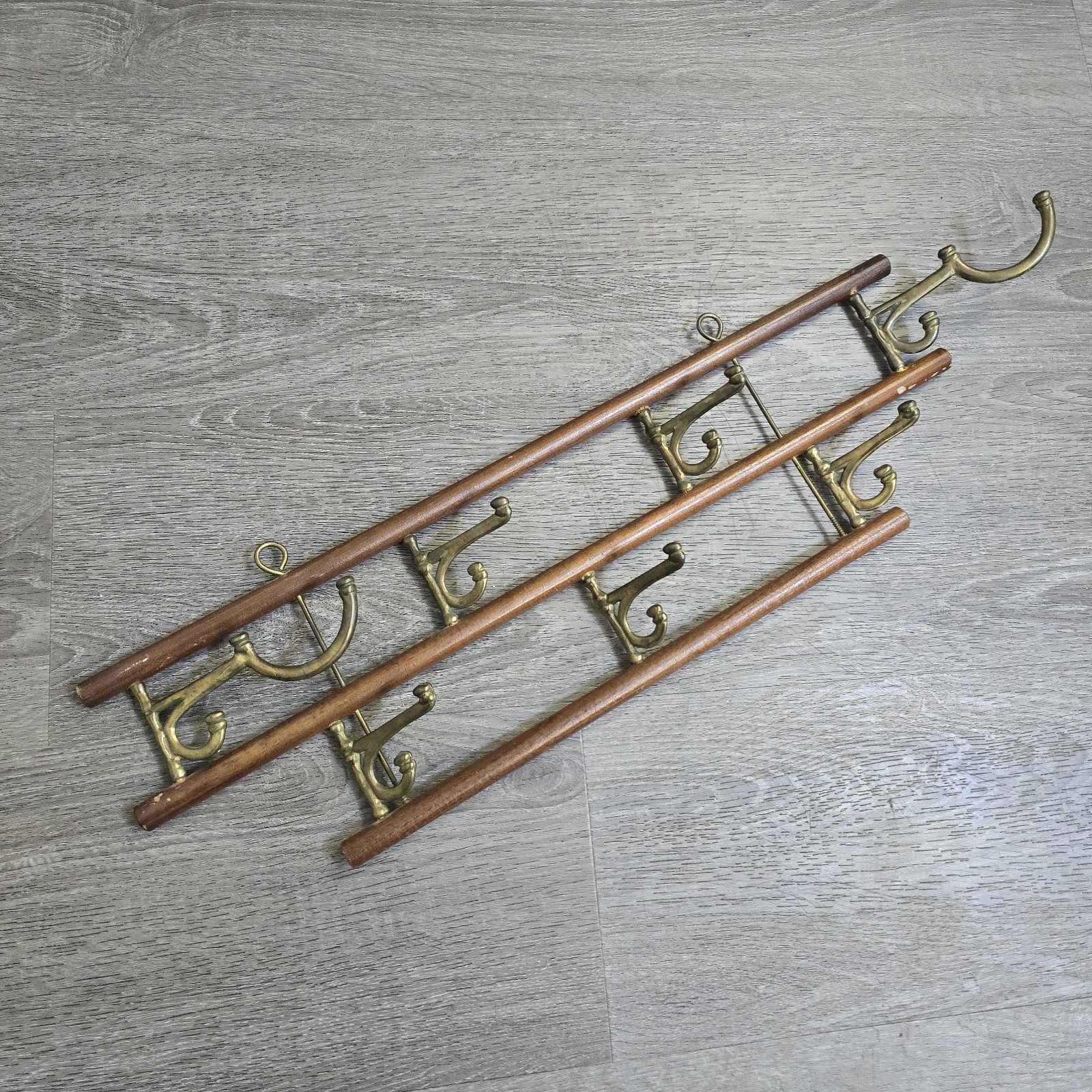 Vintage Brass & Wood Wall Coat Rack 7 Swivel Hook Mid Century Entryway Hat Rack