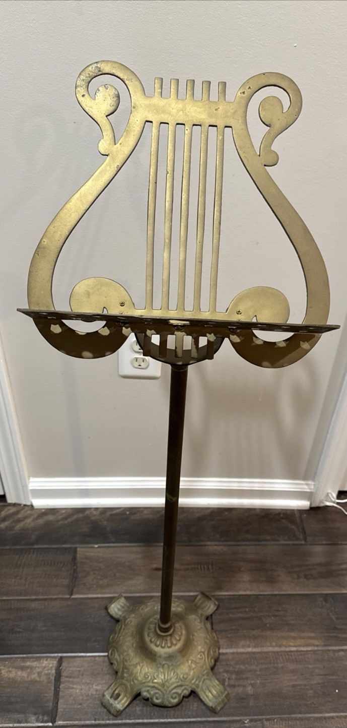Vintage Brass Sheet Music Stand Lyre Harp Shaped, Won't Stay Adjusted