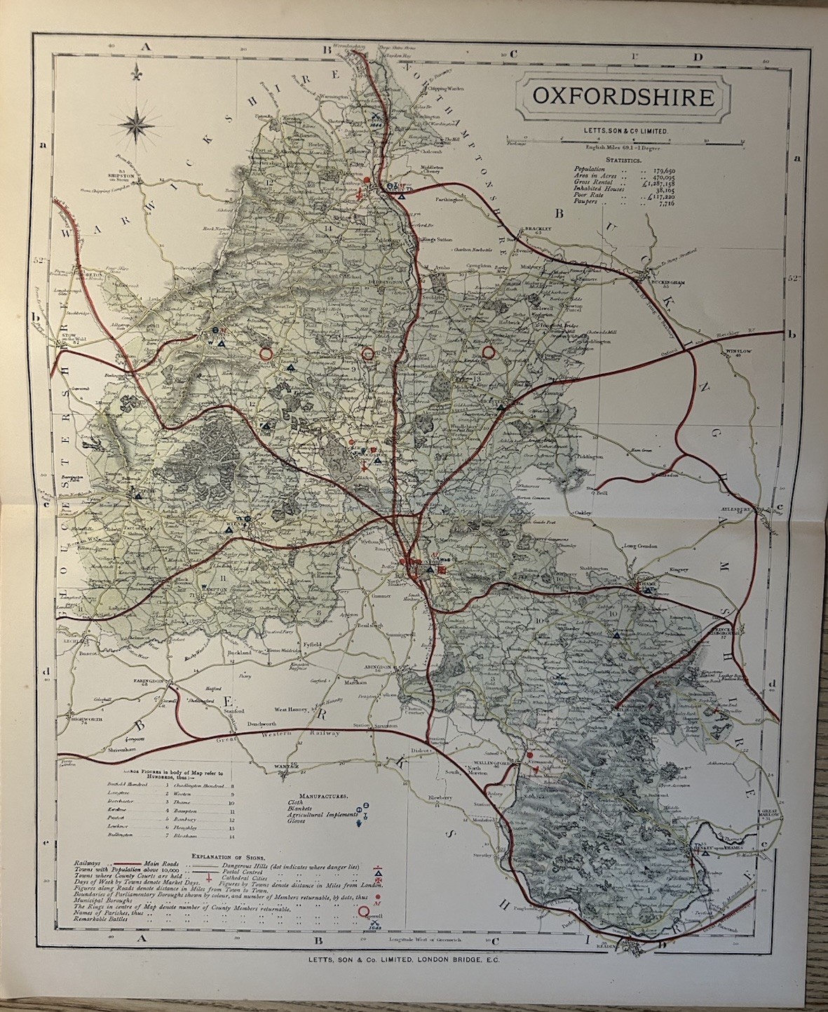 1884 Oxfordshire Original Antique County Map by Letts