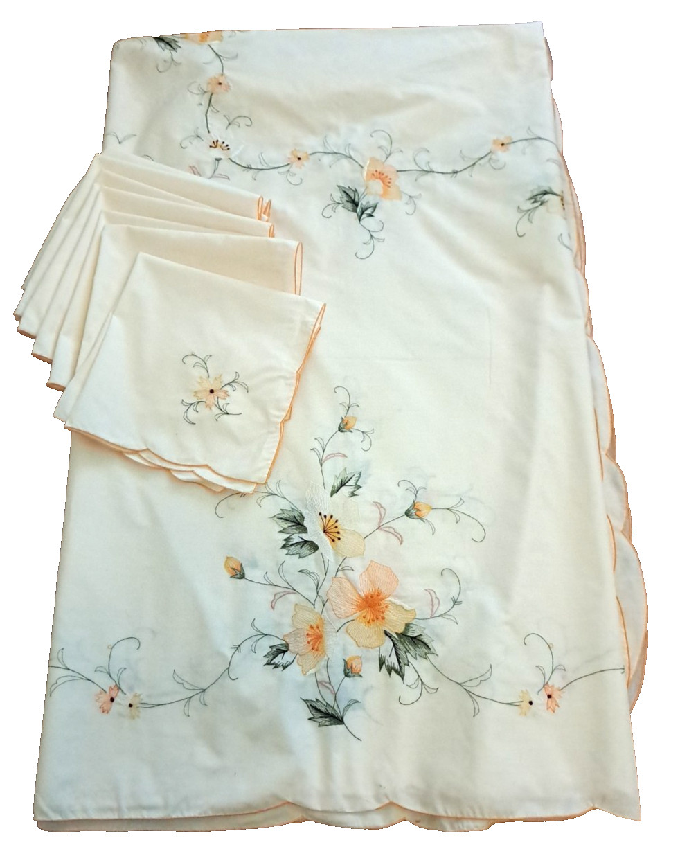 Vintage Embroidered Tablecloth & 8 Matching Napkins Orange Floral Cottage 85x68