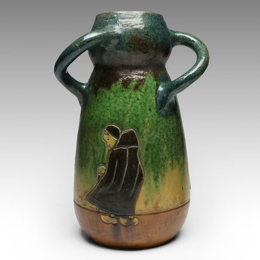 Art Nouveau Flemish Earthenware 3-Handled Vase attrib. to Leo Maes Vereenooghe