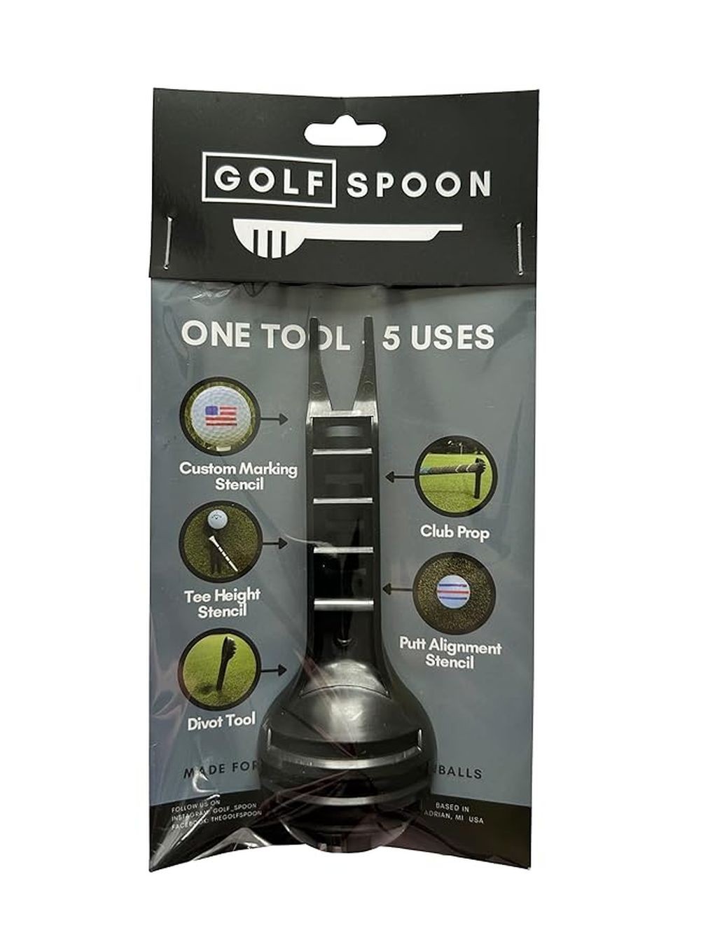Golf SPOON 5-in-1 Tool (Divot Tool/Stencil/Alignment/Club Rest/Tee Marker) NEW