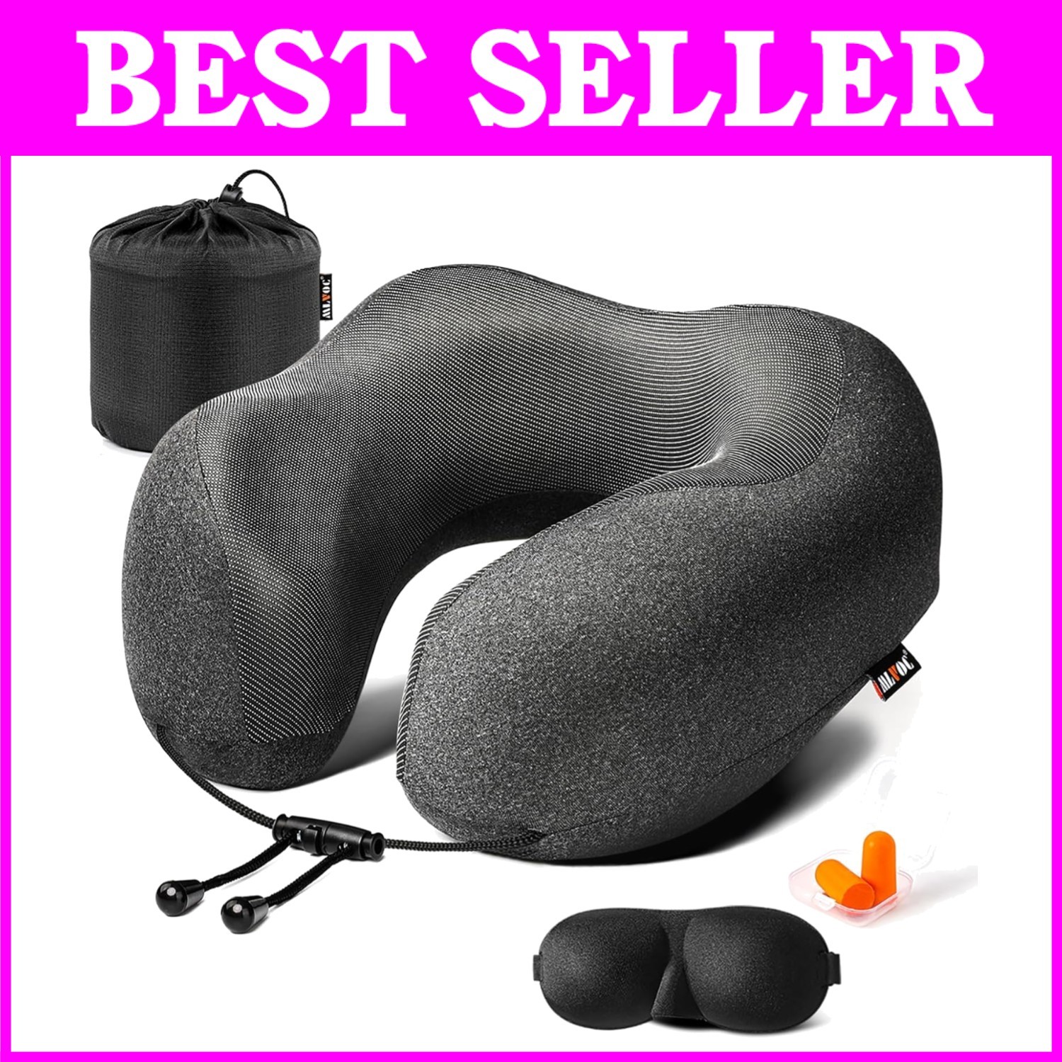 Memory Foam Travel Neck Pillow Kit with Eye Mask & Earplugs
