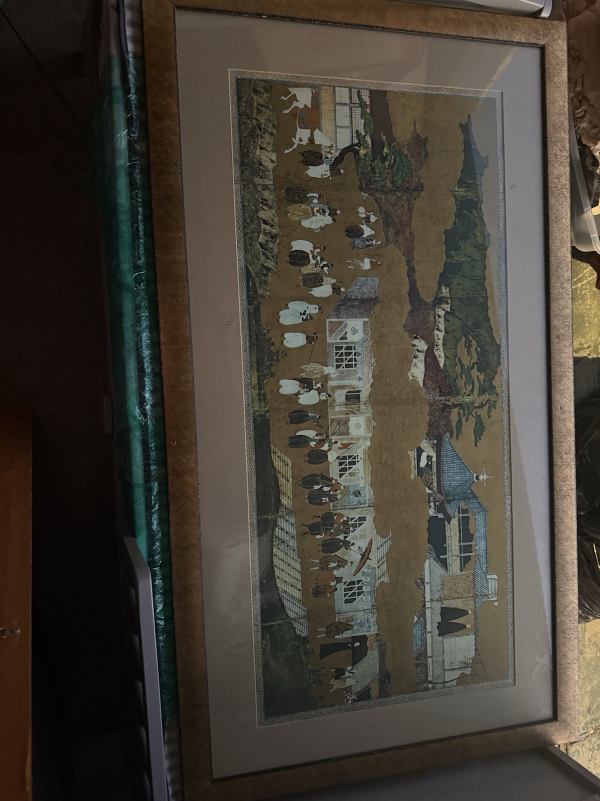 Framed Large Tapestry Art Featuring People, Buildings, and Landscape Scene