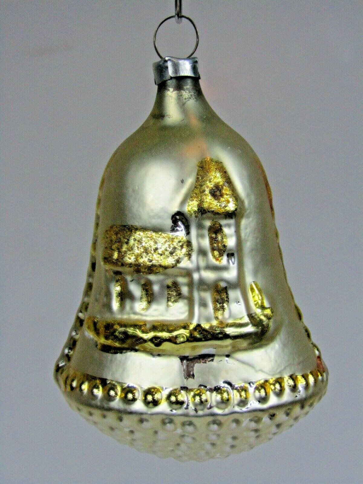 Vintage Blown Glass BELL w CASTLE Embossed Christmas Ornament Germany