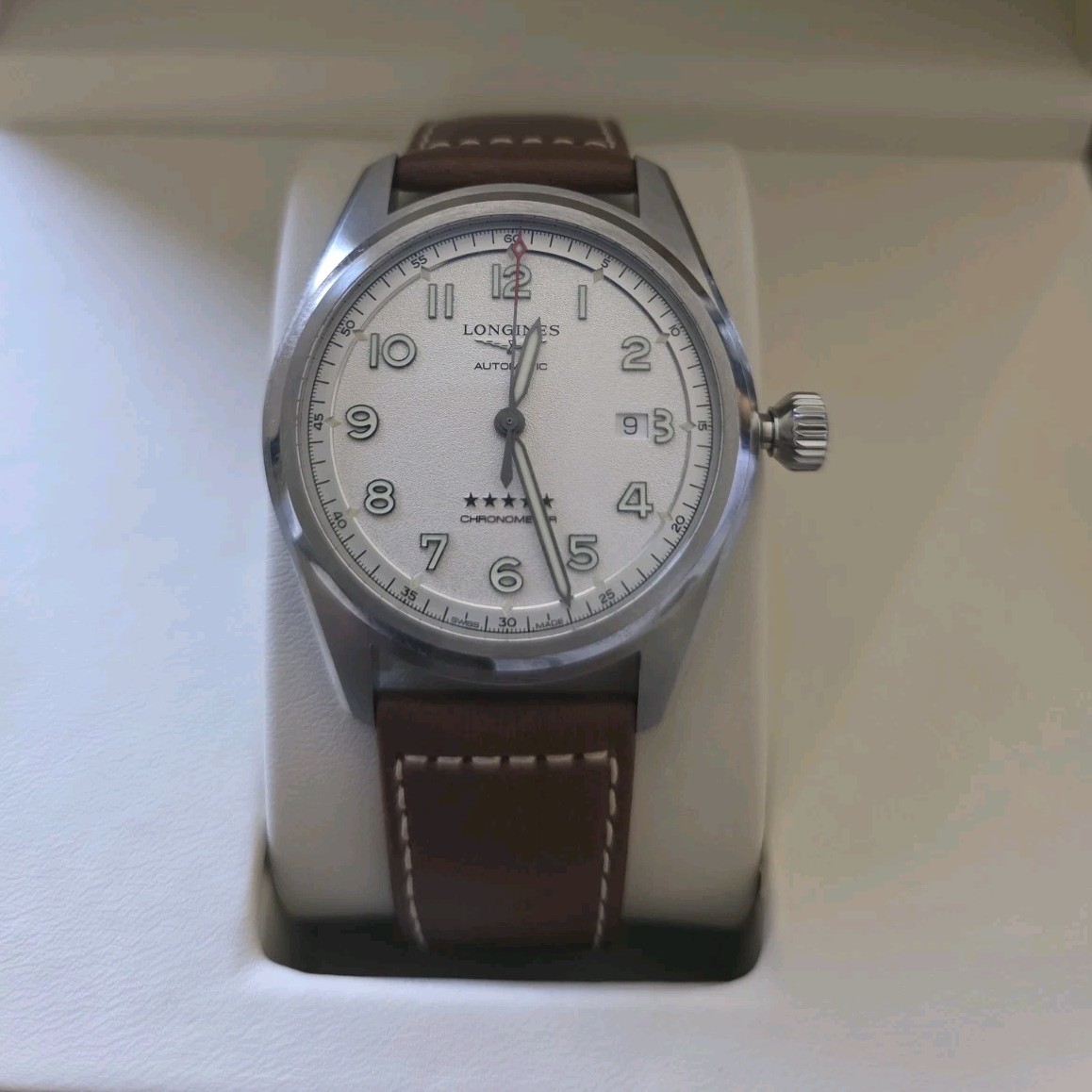 Longines Spirit Automatic Chronometer Silver Dial Brown Leather Watch w/ Box