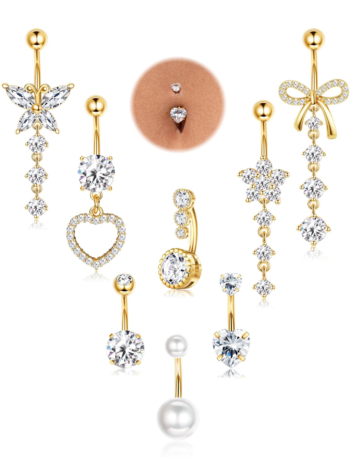 FIASASO 8 Pcs Belly Button Ring Dangle Hypoallergenic 14K Gold Plated 