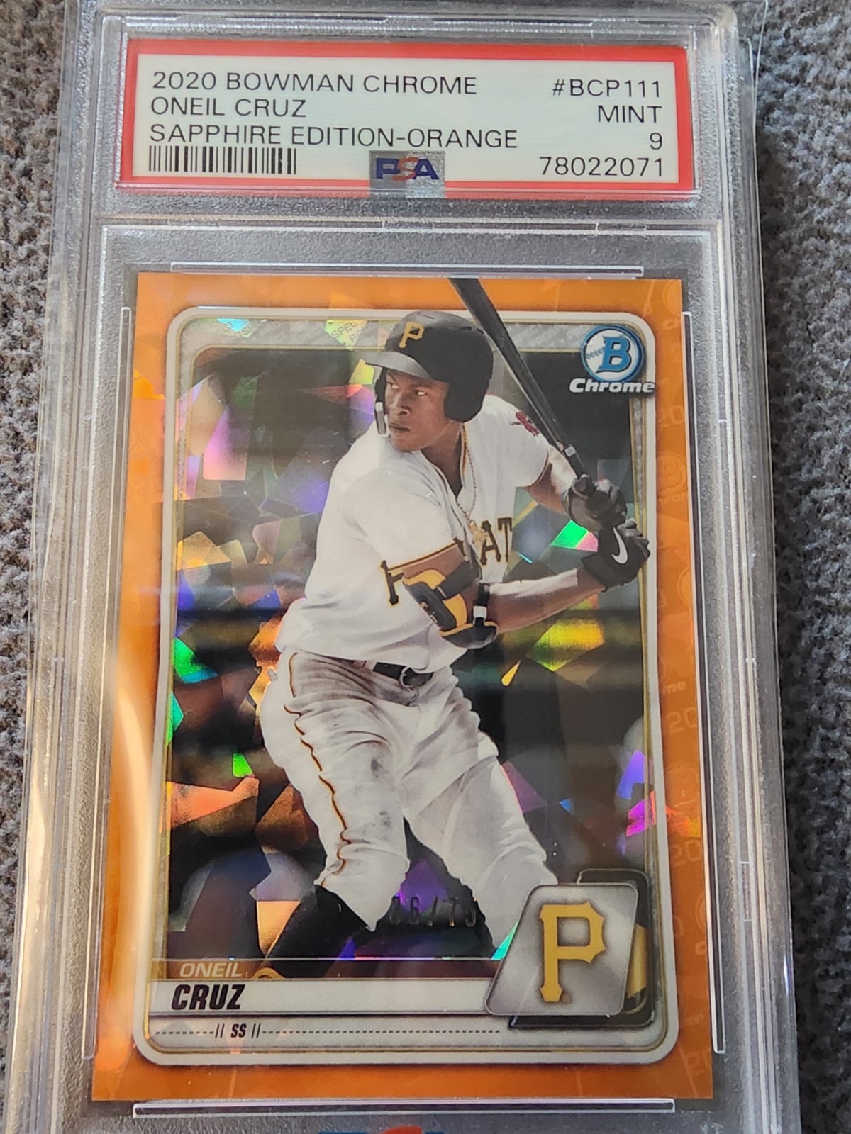 2020 Bowman Chrome Oneil Cruz- ORANGE SAPPHIRE PROSPECT /75- PSA 9