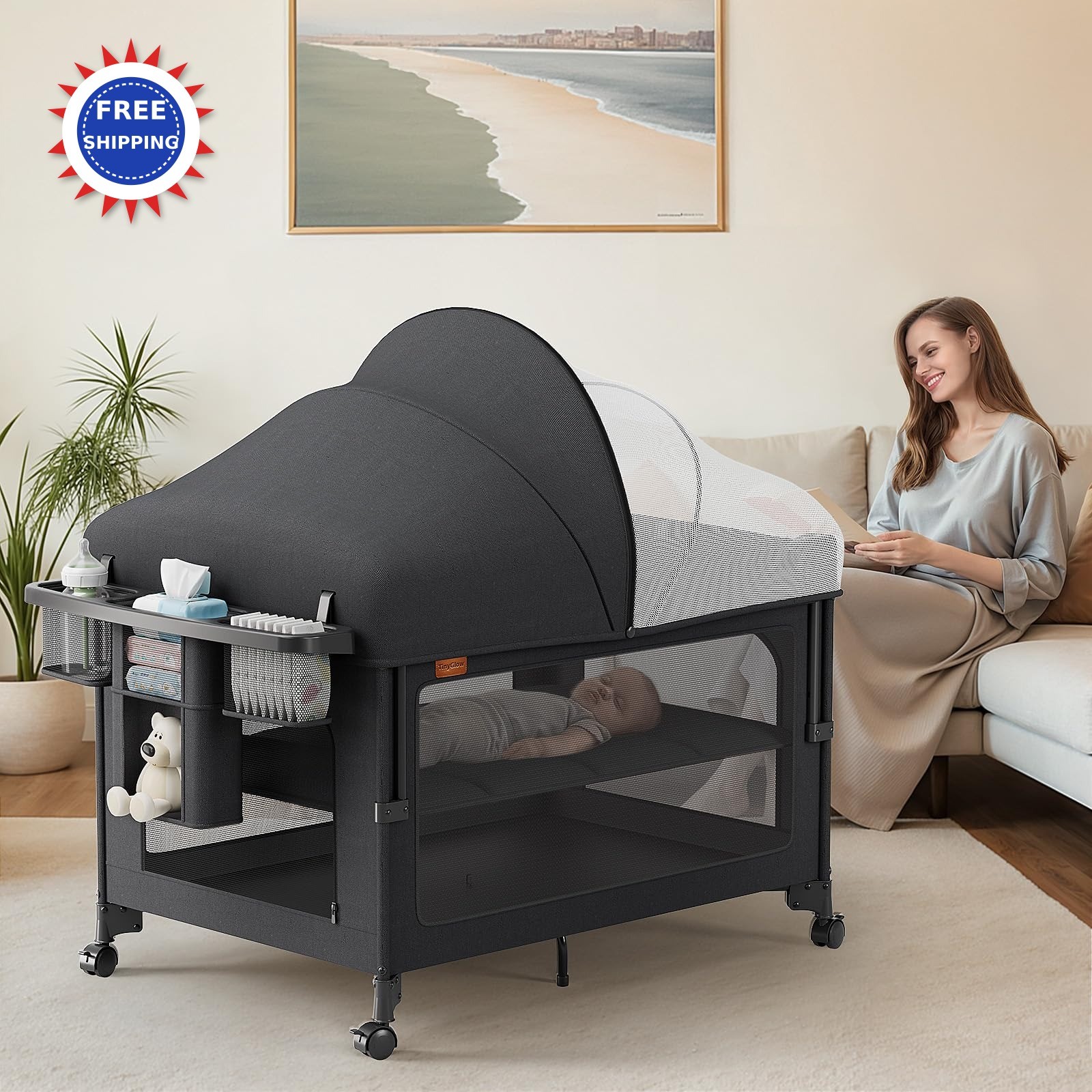 Baby Bassinet 4 in 1 Pack and Play Bedside Crib Sleeper Diaper Changer Portable