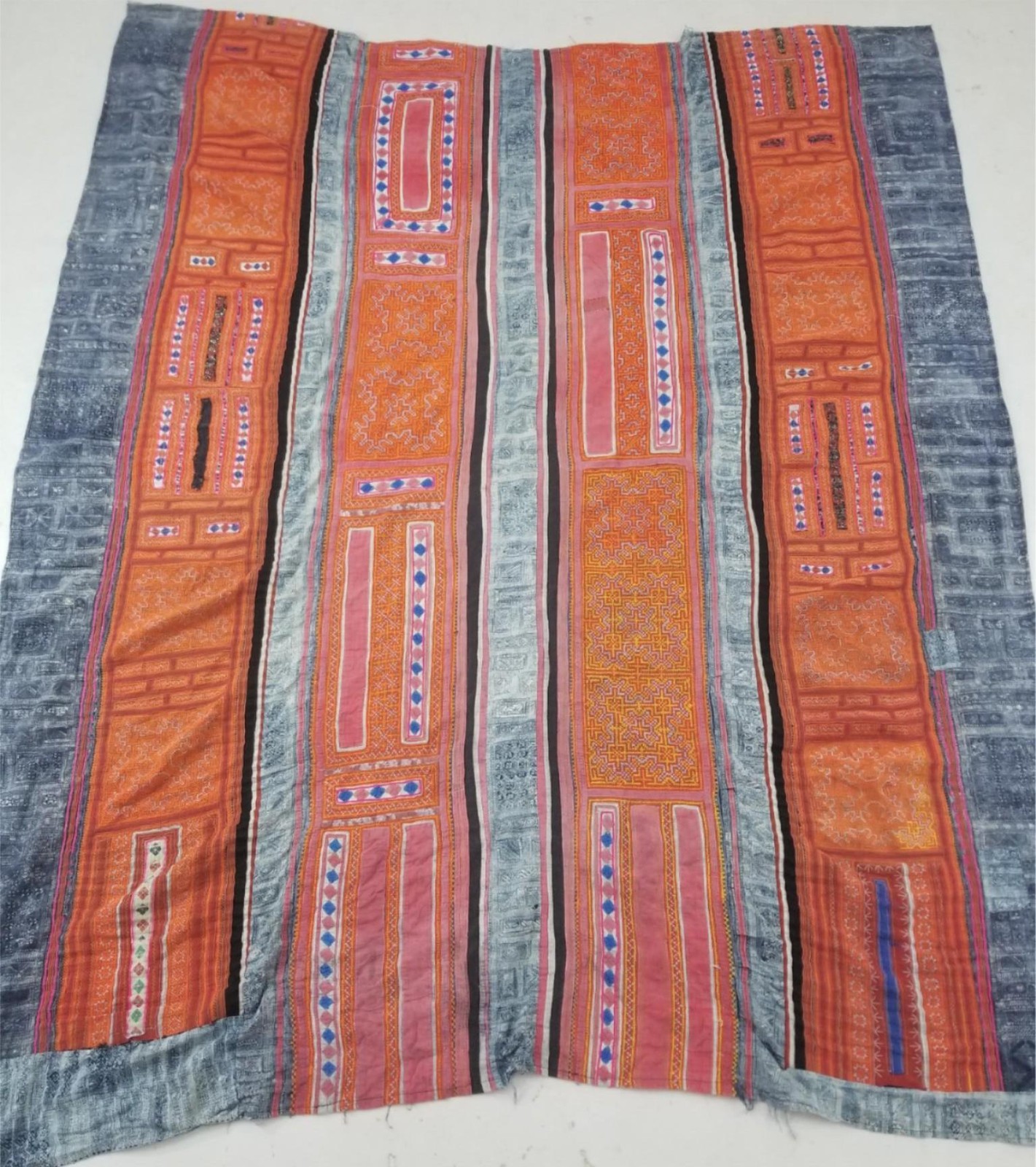 Vintage Hmong Miao Hill Tribe Folk Art Hand Embroidered Textile Panel 186x140cm