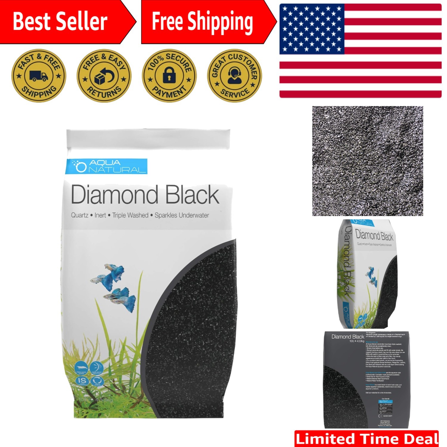Diamond Black 10lb Natural Quartz Gravel for Stunning Aquariums and Terrariums